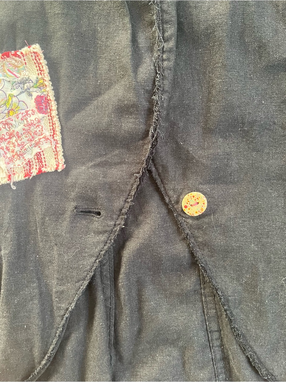 Free People Black Patchwork Floral Linen One-Button Raw Hem Lightweight Jacket - Picture 7 of 13